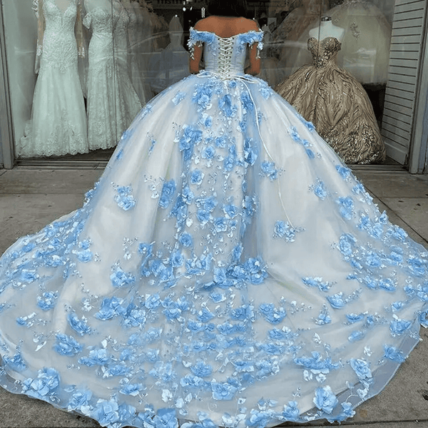 Sky Blue Lace Dress Off The Shoulder 3D Flowers Quinceanera Dresses - KissProm