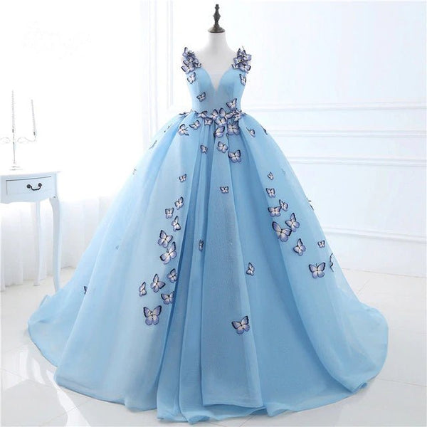 Quinceanera Dress Blue Butterfly Flowers Lace Up Ball Gowns Long Prom Dresses - KissProm