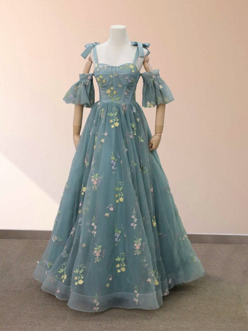 Boho A - Line Tulle Off - the - Shoulder Floor - Length 3D Yellow Embroidery Floral Quinceanera Dress with Petticoat - KissProm