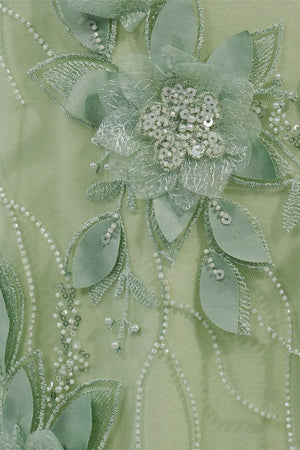 Sage Halter Sequined Sheath Long Prom Dresses With Floral Appliques - KissProm