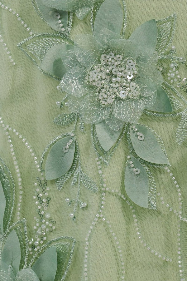 Sage Halter Sequined Sheath Long Prom Dresses With Floral Appliques - KissProm