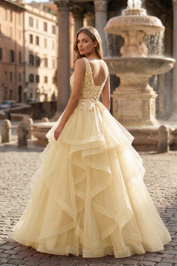 A-Line Prom Dresses Princess Dress Formal Floor Length Sleeveless V Neck Tulle Backless with Pleats Appliques – Prom Dress by KissProm | Available at KissProm