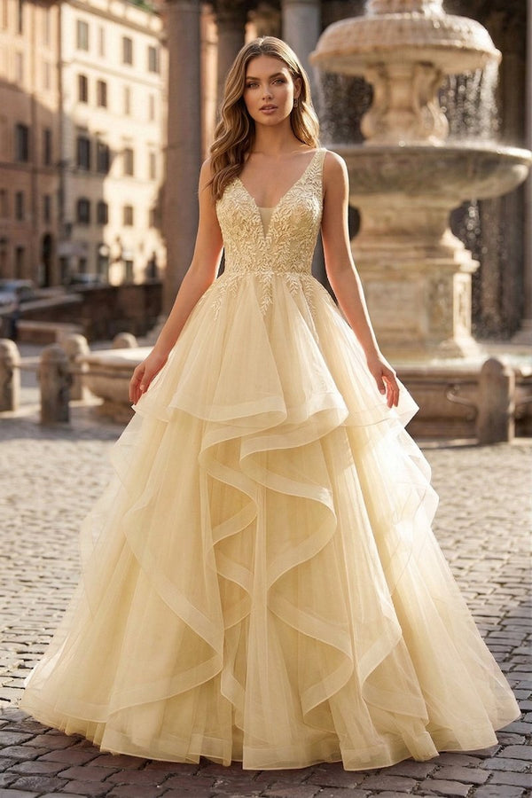 A-Line Prom Dresses Princess Dress Formal Floor Length Sleeveless V Neck Tulle Backless with Pleats Appliques – Prom Dress by KissProm | Available at KissProm