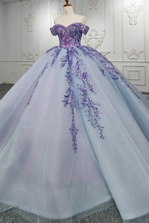 Quinceanera Dress Charming Off - the - shoulder Prom Dresses Appliques Lace Up Ball Gown with Sequins - KissProm