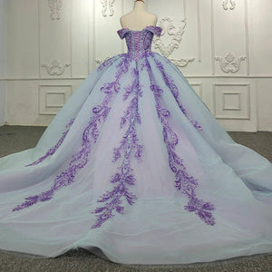 Quinceanera Dress Charming Off - the - shoulder Prom Dresses Appliques Lace Up Ball Gown with Sequins - KissProm