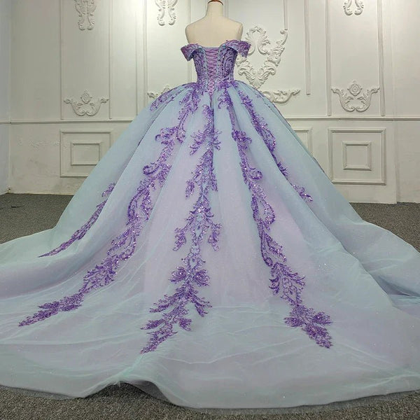 Quinceanera Dress Charming Off - the - shoulder Prom Dresses Appliques Lace Up Ball Gown with Sequins - KissProm