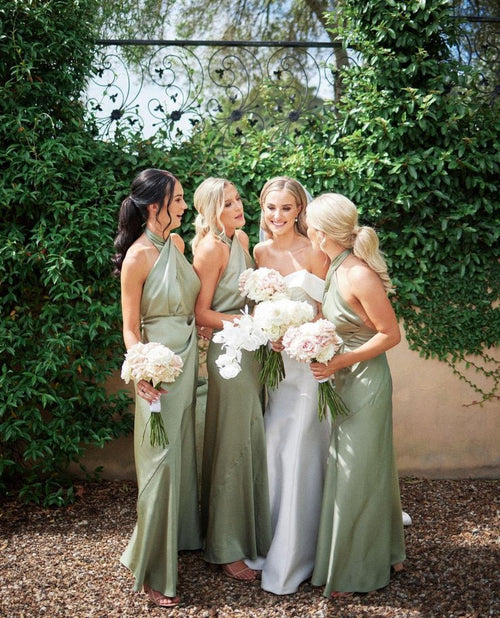 Charming Sheath Hatler Satin Sage Long Bridesmaid Dresses – Bridesmaid Dresses by KissProm | Available at KissProm
