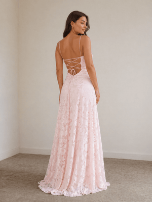 Pink A-Line Lace Floral Spaghetti Straps Long Prom Dresses – Prom Dresses by KissProm | Available at KissProm