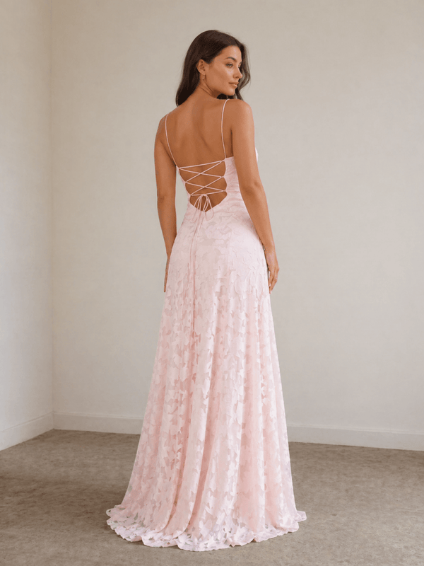 Pink A-Line Lace Floral Spaghetti Straps Long Prom Dresses – Prom Dresses by KissProm | Available at KissProm