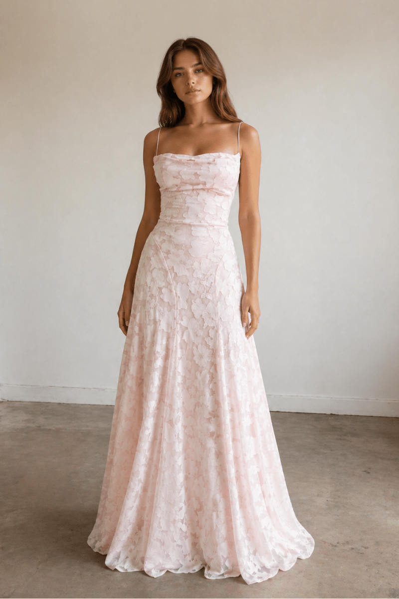Pink A - Line Lace Floral Spaghetti Straps Long Prom Dresses - KissProm