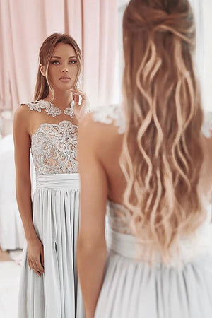 Grey A-Line Illusion Round Neck Long Chiffon Bridesmaid Dress with Lace – Bridesmaid Dresses by KissProm | Available at KissProm