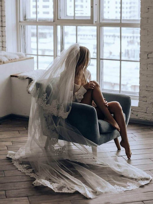 Two Tiers Ivory Lace Cathedral Veils - KissProm