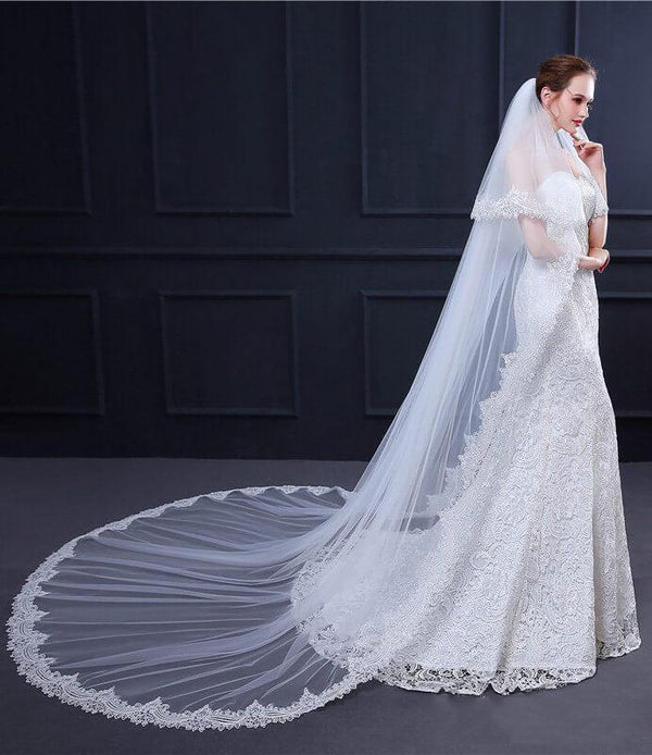 Two Tiers Ivory Lace Cathedral Veils - KissProm
