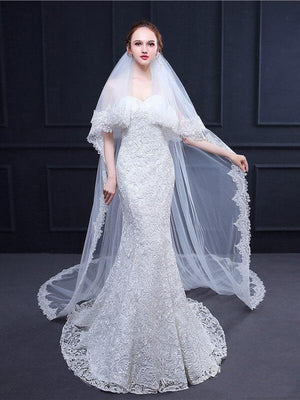 Two Tiers Ivory Lace Cathedral Veils - KissProm