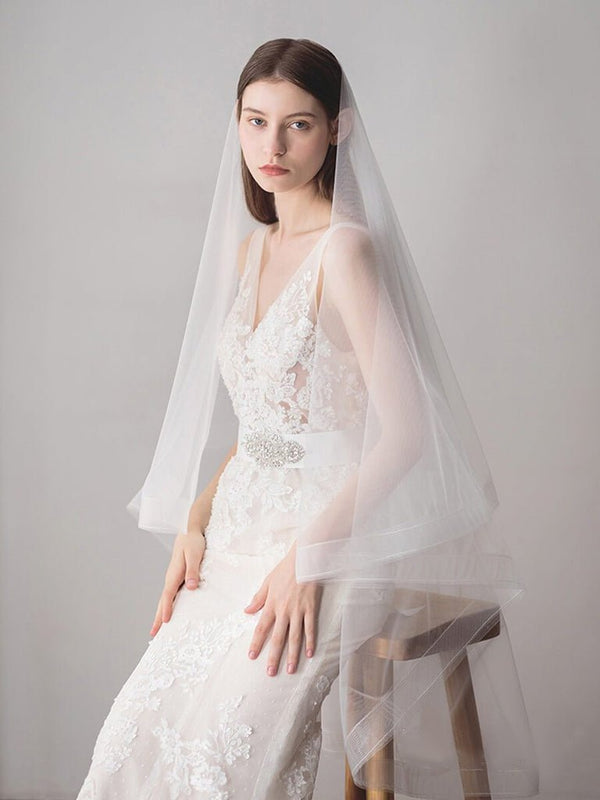 Two - Layers Ivory Tulle Knee Length Wedding Veils - KissProm