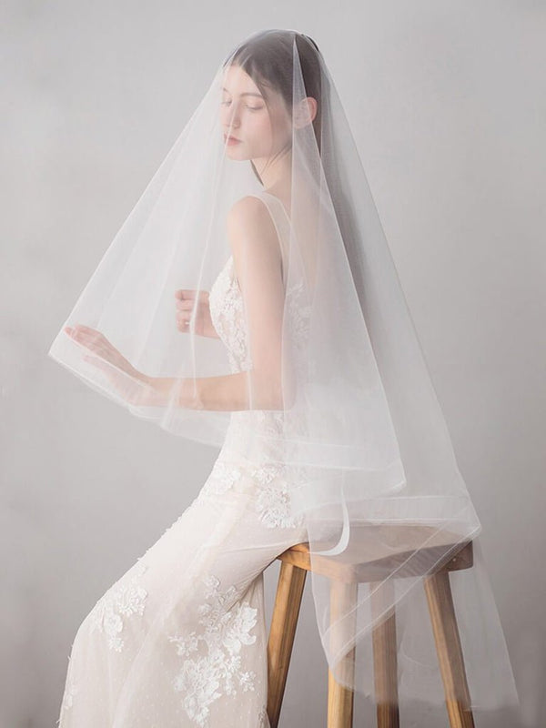 Two - Layers Ivory Tulle Knee Length Wedding Veils - KissProm