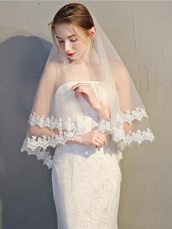 Two Tier Wedding Veils Hip Length Lace Hem Bridal Veil - KissProm