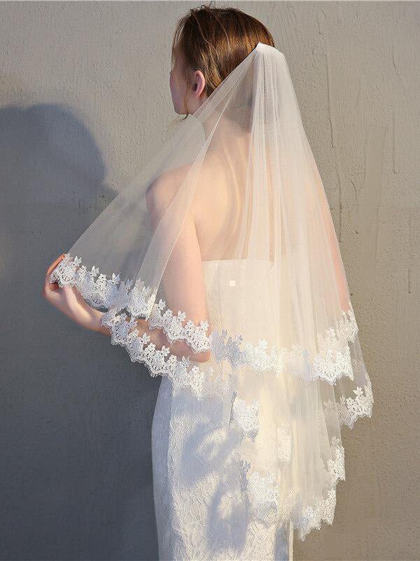 Two Tier Wedding Veils Hip Length Lace Hem Bridal Veil - KissProm