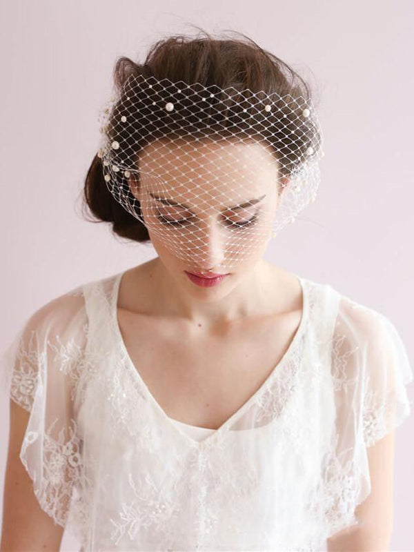 Vintage Ivory Mesh Birdcage Wedding Veils with Pearls - KissProm