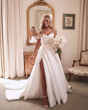 A-Line White Sleeveless Satin Wedding Dress With Side Slit – Wedding Dress by KissProm | Available at KissProm