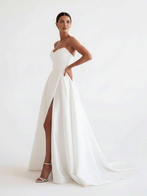 A-Line White Sleeveless Satin Wedding Dress With Side Slit – Wedding Dress by KissProm | Available at KissProm