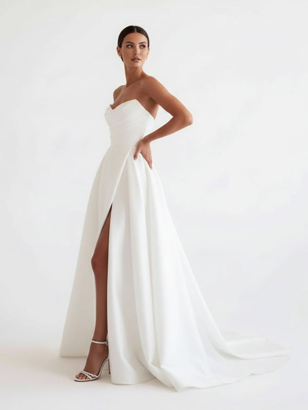 A-Line White Sleeveless Satin Wedding Dress With Side Slit – Wedding Dress by KissProm | Available at KissProm