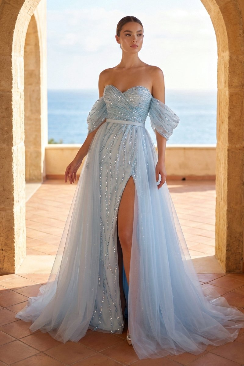 Sheath Sweetheart Prom Dresses Short Sleeve Detachable Sequined with Slit Overskirt - KissProm