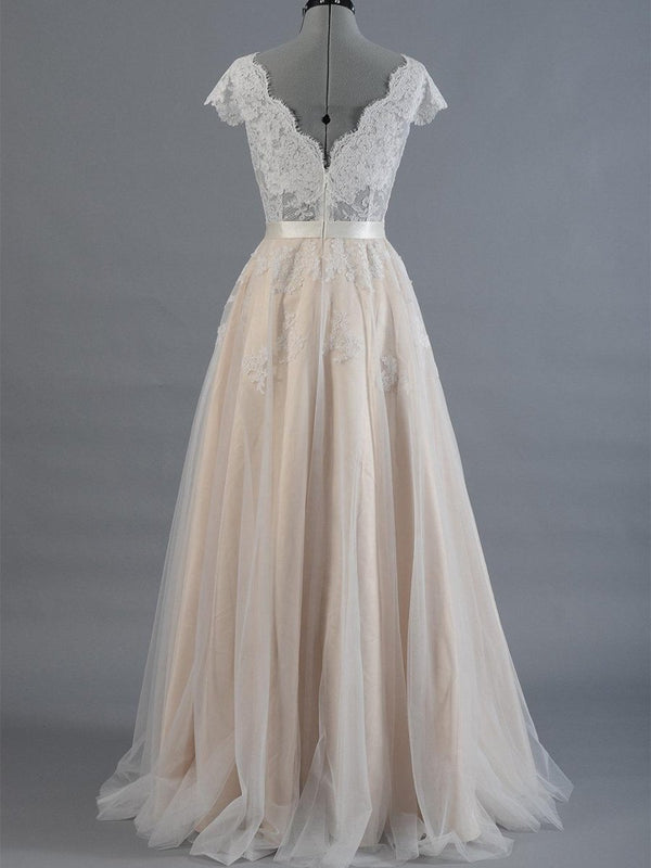 Nuria | Cap Sleeve V-Neck Lace Tulle Wedding Dress With Zipper Back