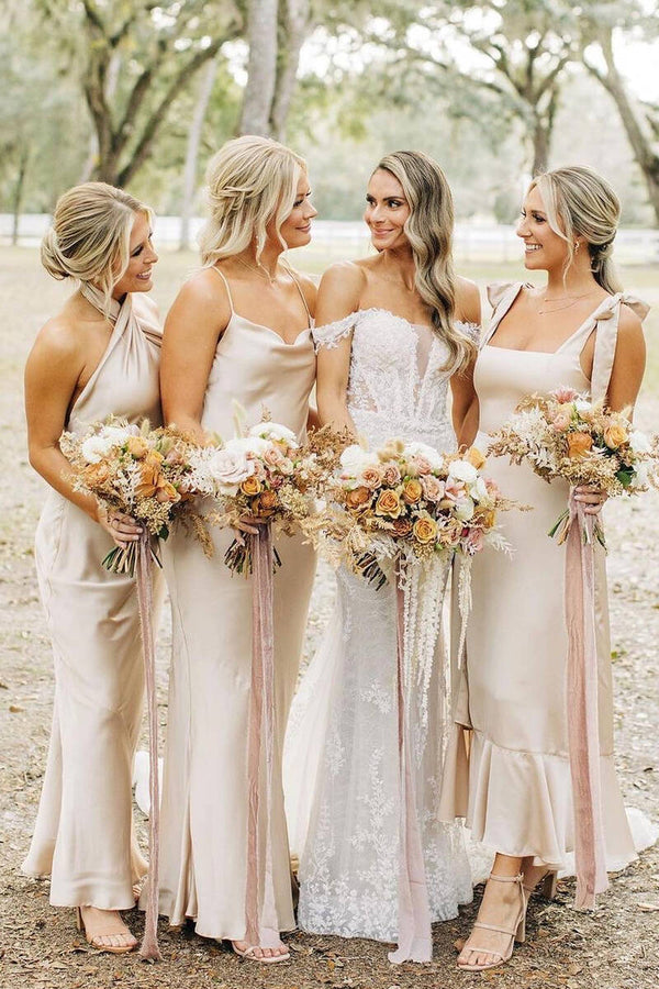 Champagne Sheath Satin Long Mismatch Bridesmaid Dress - KissProm