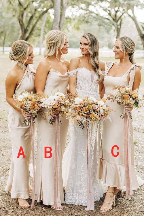 Champagne Sheath Satin Long Mismatch Bridesmaid Dress - KissProm
