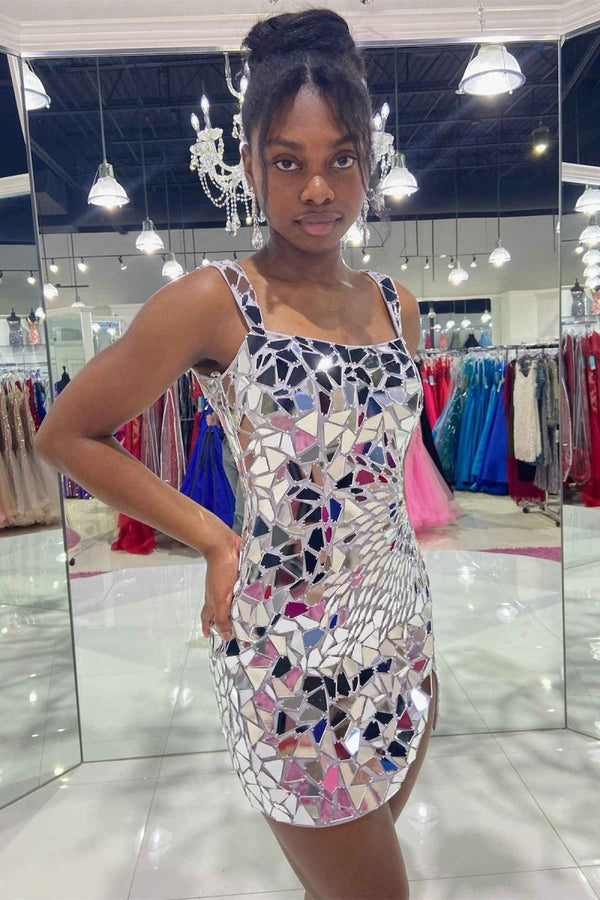 Luz | Square Neck Silver Cut Mirror Sequin Bodycon Homecoming Dress