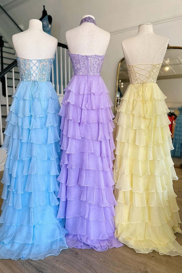 Royal Blue Chiffon Sweetheart Ruffle Tiered Long Prom Dress – Prom Dress by Kissprom | Available at KissProm