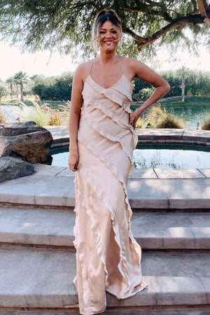 Straps Sheath Champagne Ruffle Maxi Bridesmaid Dress – Bridesmaid Dresses by KissProm | Available at KissProm