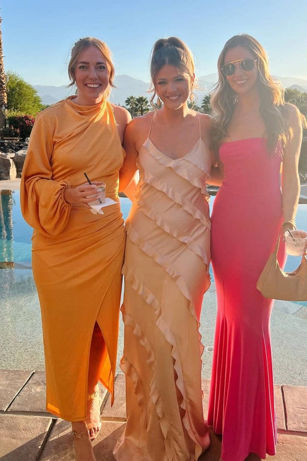 Straps Sheath Champagne Ruffle Maxi Bridesmaid Dress – Bridesmaid Dresses by KissProm | Available at KissProm