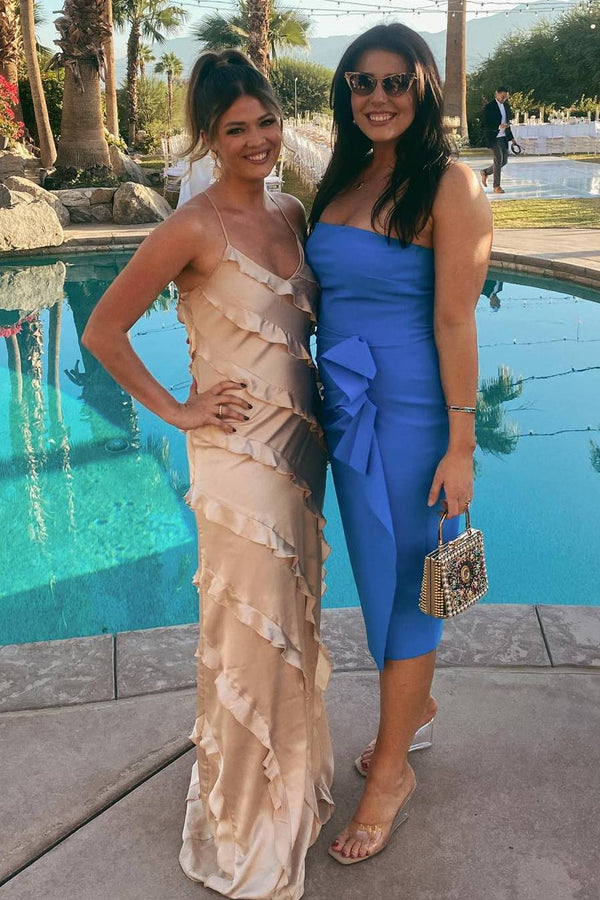 Straps Sheath Champagne Ruffle Maxi Bridesmaid Dress – Bridesmaid Dresses by KissProm | Available at KissProm