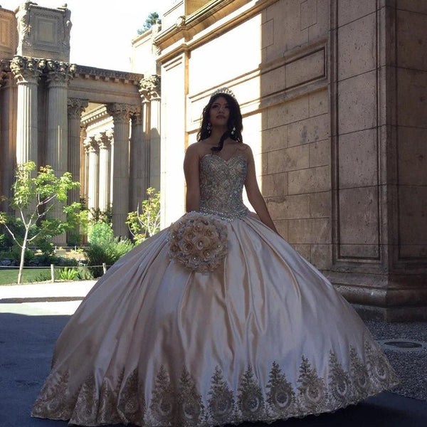 Sweetheart Embroidery Satin Gold Quinceanera Dresses Lace Ball Gowns