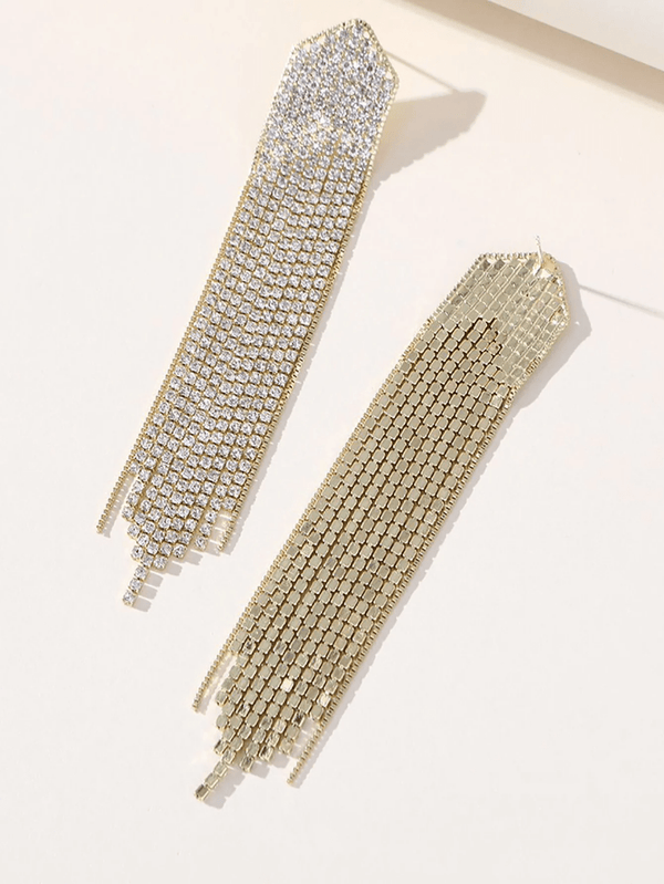 Golden Simple Rhinestones Tassel Long Earrings - KissProm
