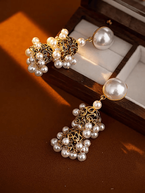 Golden Vintage Dangle Tassel Pearl Earrings - KissProm