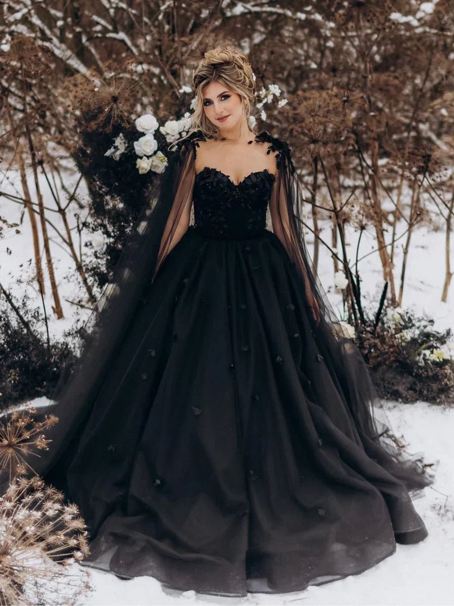 A-Line Black Gothic Wedding Dress 3D Flowers Tulle With Cape – Wedding Dress by KissProm | Available at KissProm