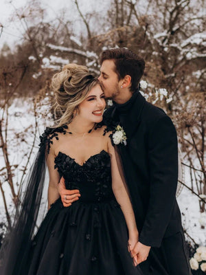 A-Line Black Gothic Wedding Dress 3D Flowers Tulle With Cape – Wedding Dress by KissProm | Available at KissProm