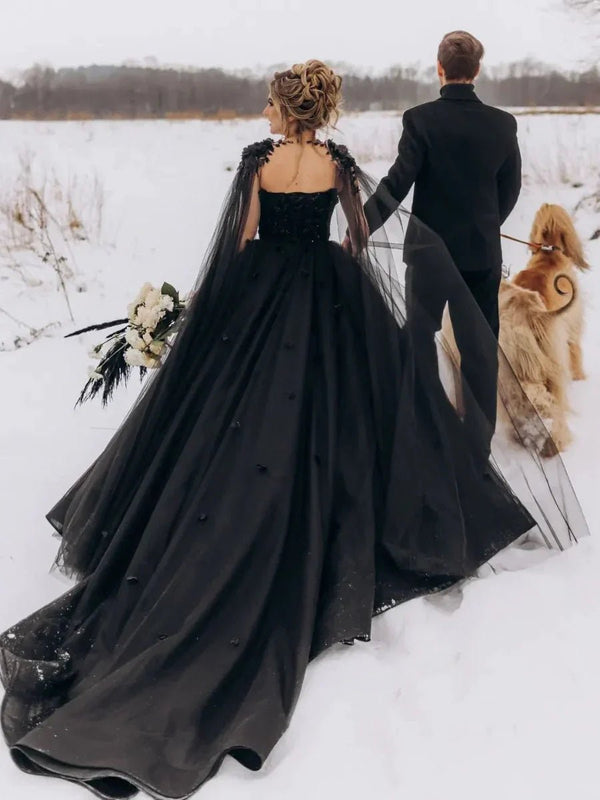 A-Line Black Gothic Wedding Dress 3D Flowers Tulle With Cape – Wedding Dress by KissProm | Available at KissProm