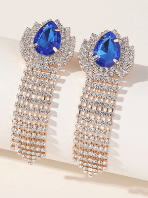 Green Teardrop Rhinestones Tassel Long Earrings - KissProm