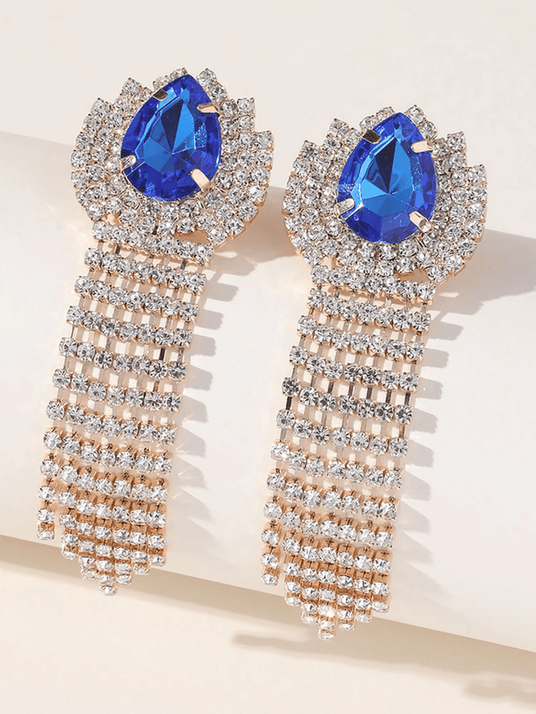 Green Teardrop Rhinestones Tassel Long Earrings - KissProm