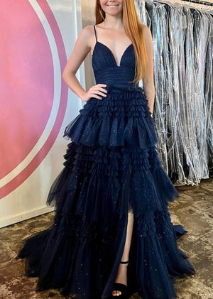 Tulle Deep V Neck Spaghetti Straps Long Prom Dress – Prom Dress by KissProm | Available at KissProm