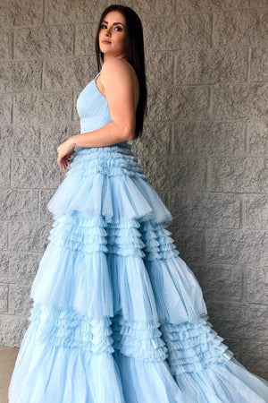 Tulle Deep V Neck Spaghetti Straps Long Prom Dress – Prom Dress by KissProm | Available at KissProm