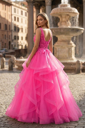 A-Line Prom Dresses Princess Dress Formal Floor Length Sleeveless V Neck Tulle Backless with Pleats Appliques – Prom Dress by KissProm | Available at KissProm