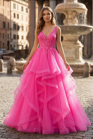 A-Line Prom Dresses Princess Dress Formal Floor Length Sleeveless V Neck Tulle Backless with Pleats Appliques – Prom Dress by KissProm | Available at KissProm