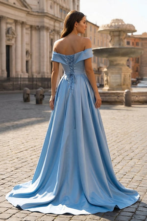 Off Shoulder Prom Dress Long Satin Formal Gowns with Slit - KissProm