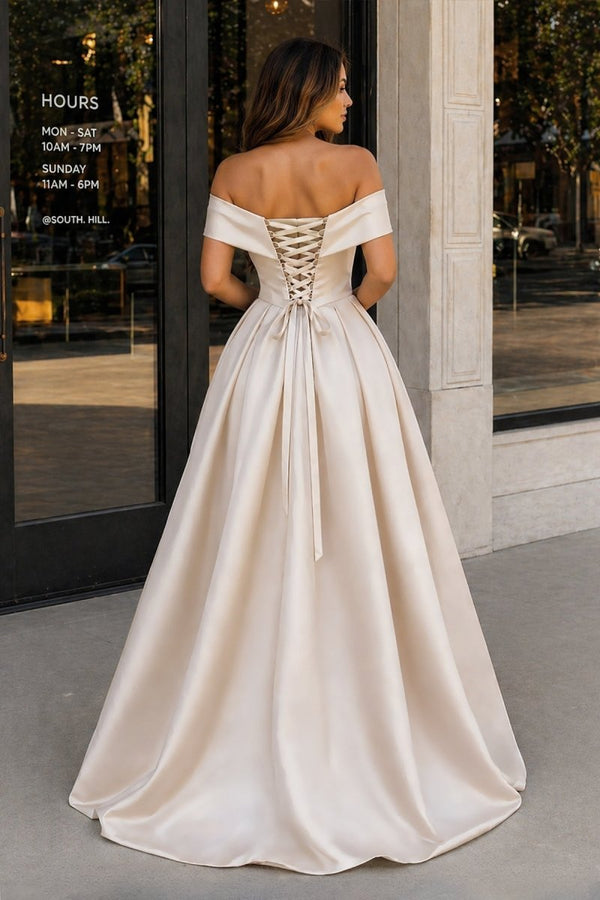 A - Line Prom Dresses Celebrity Style Dress Christmas Sleeveless Off The Shoulder Satin with Slit - KissProm