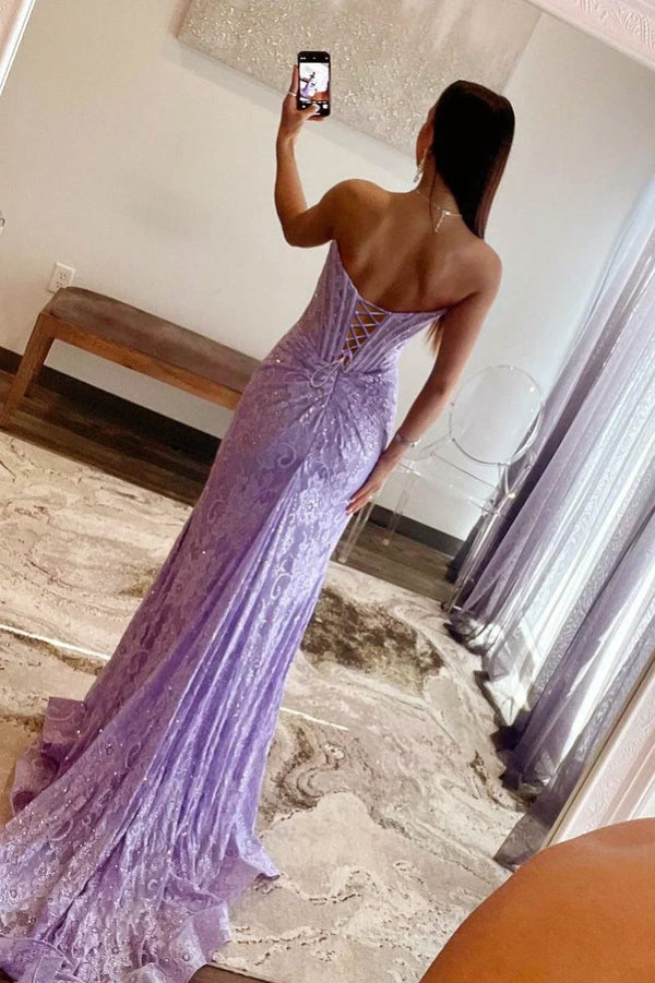 Lavender Strapless Lace Ruched Mermaid Prom Dress with Slit – Prom Dress by KissProm | Available at KissProm